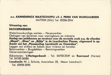 847755 Afbeelding van de achterzijde van een visitekaart uitgegeven door de n.v. Aannemingsmaatschappij v/h Prins van ...